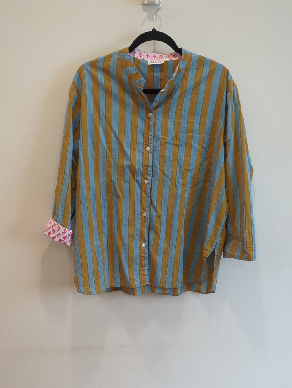 Boho Whimsical Eclectic Artsy SZ Blockprints Blue Green Pink Stripe Button Down